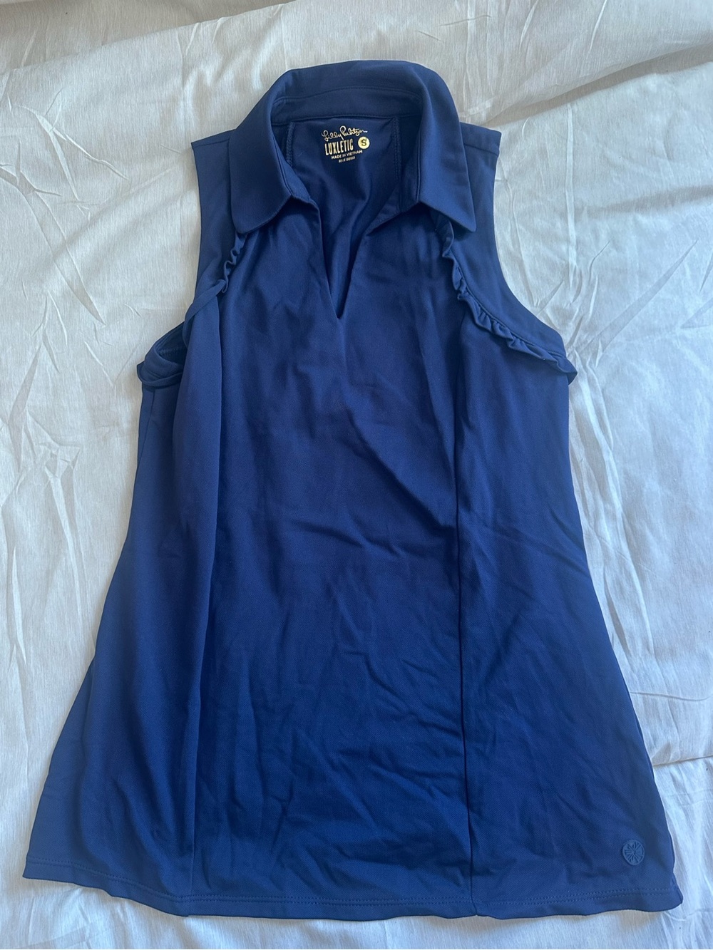 Lole Navy Sleeveless Polo Tank with Subtle Ruffle Trim